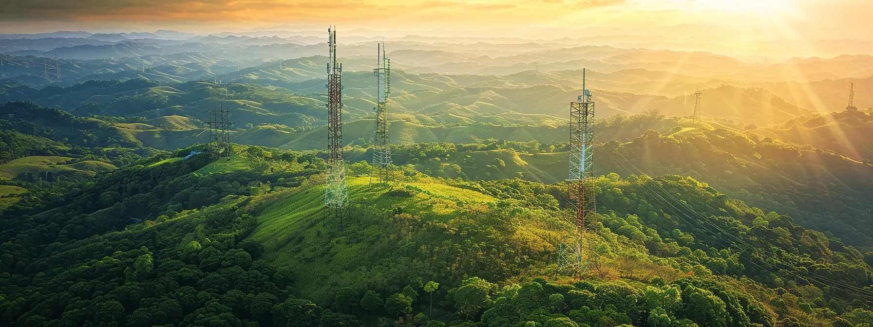 a breathtaking aerial view of a verdant landscape interspersed with sleek, solar-powered telecom towers, bathed in golden sunlight, symbolizing the harmony between technology and nature in today's eco-conscious world.
