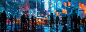 Exploring AI’s Impact on Investment Strategies (2026) 7 a captivating composition of a futuristic financial hub illuminated by vibrant digital displays, showcasing diverse investors engaged in deep discussions, with abstract graphs and ai algorithms visually intertwining in the background.