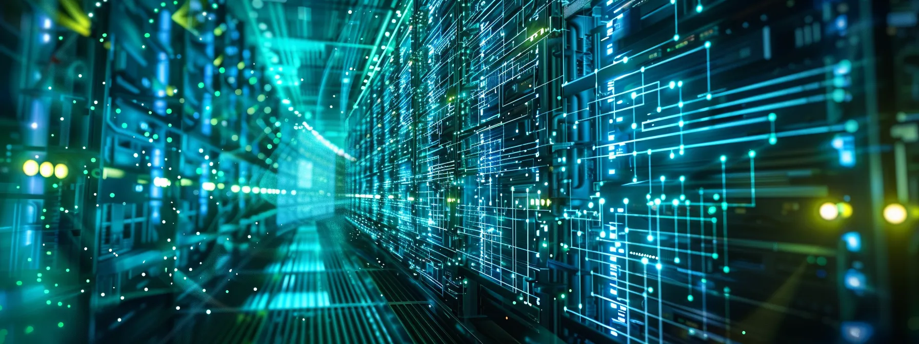 a futuristic network infrastructure bathed in vibrant blue and green light, showcasing the seamless interplay of advanced ai technology and connectivity in a dynamic, high-tech environment.