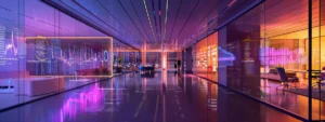 a futuristic, sleek office filled with vibrant data visualizations and glowing screens illustrates the successful implementation of machine learning, bathed in soft, ambient light.
