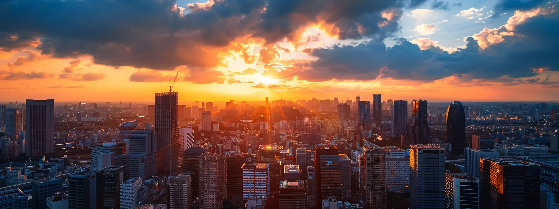 a sleek, modern city skyline bathed in golden sunset light, with distinct cloud formations above symbolizing various cloud service models, creating a striking contrast between technology and nature.