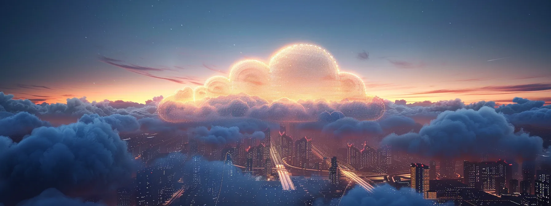 a vibrant office skyline with futuristic cloud-shaped structures seamlessly integrated into the landscape, symbolizing the transformative financial benefits and efficiency of cloud service models for organizations.