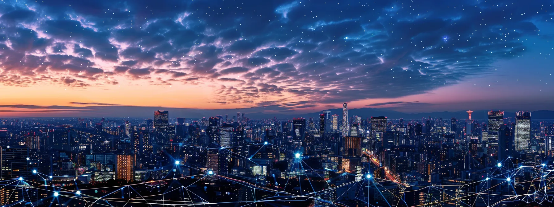 a vivid depiction of a futuristic city skyline illuminated by a network of glowing, interconnected devices, symbolizing the seamless integration of next-generation iot connectivity solutions under a twilight sky.