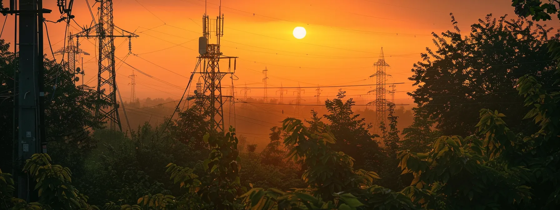 a powerful visual metaphor depicting a stark contrast between towering, rigid telecommunications towers symbolizing regulation and a fluid, adaptive network of vines intertwining to represent compliance requirements, bathed in golden hour light for an impactful ambiance.