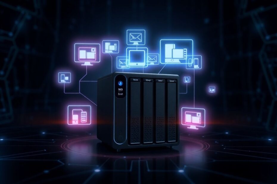 Synology NAS with glowing virtual machine icons.