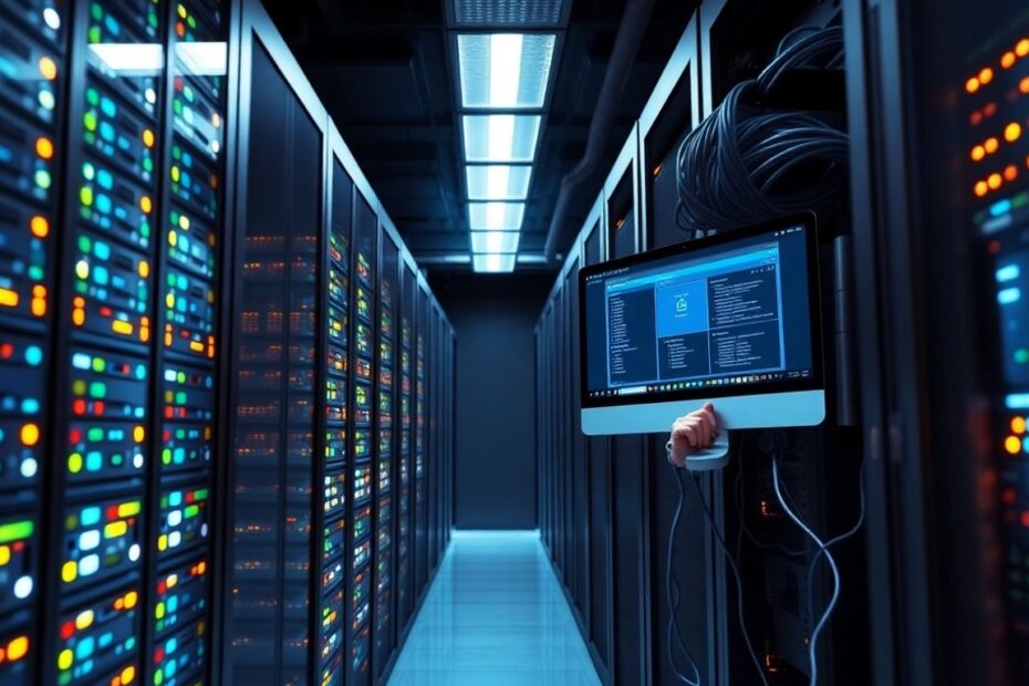 Technician working in a modern data center with servers
