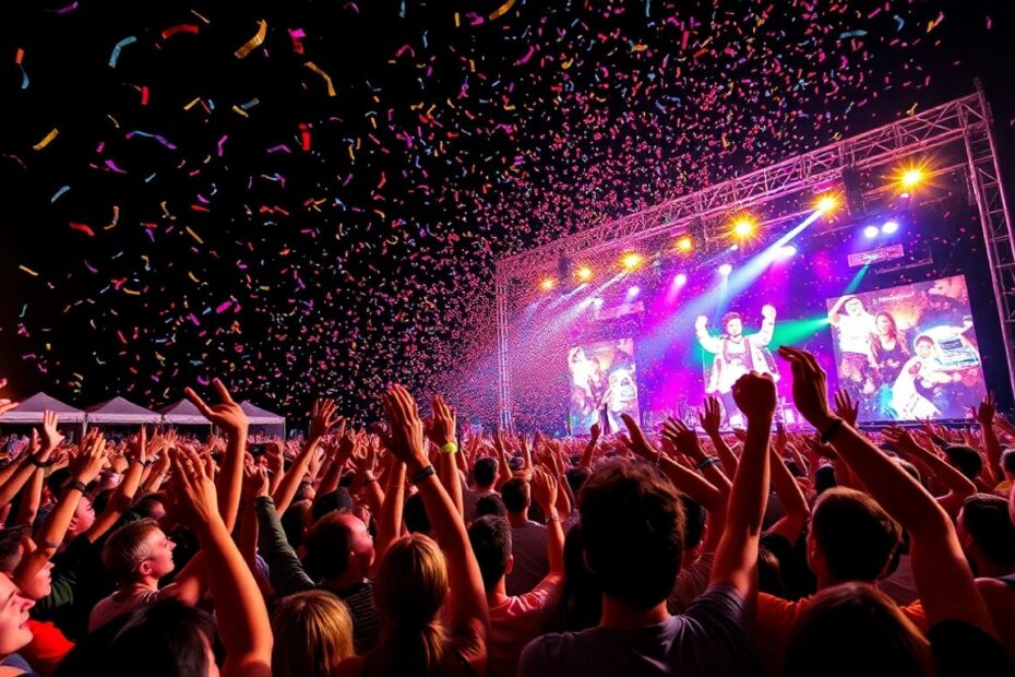 Crowd at a lively music festival with stage lights and confetti.
