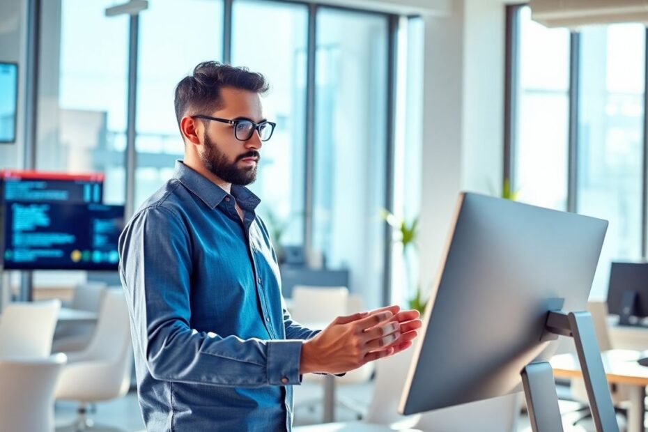 Person using futuristic computer interface in modern office.