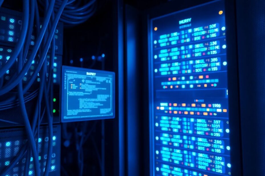 Server rack with glowing lights and digital interface.