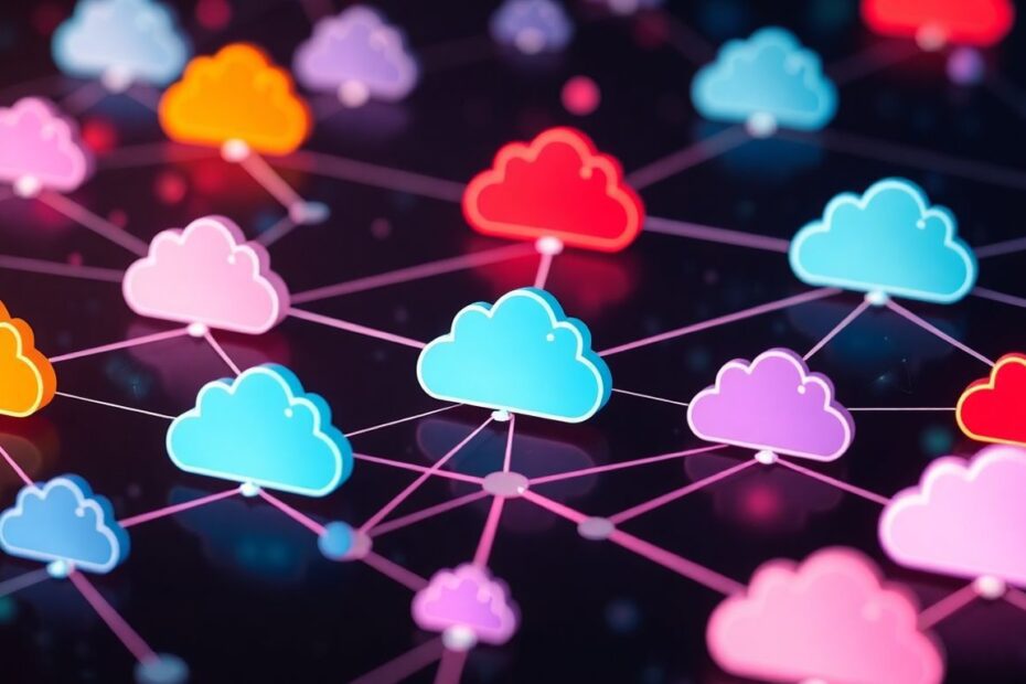 Interconnected multi-cloud and hybrid cloud icons.