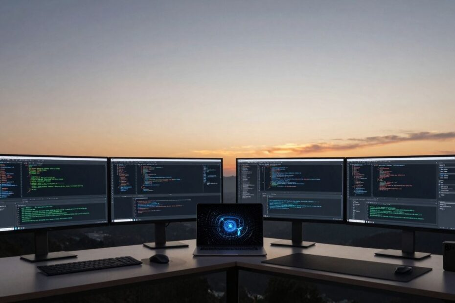 Sysadmin desk with monitors, laptop, and tech gadgets.