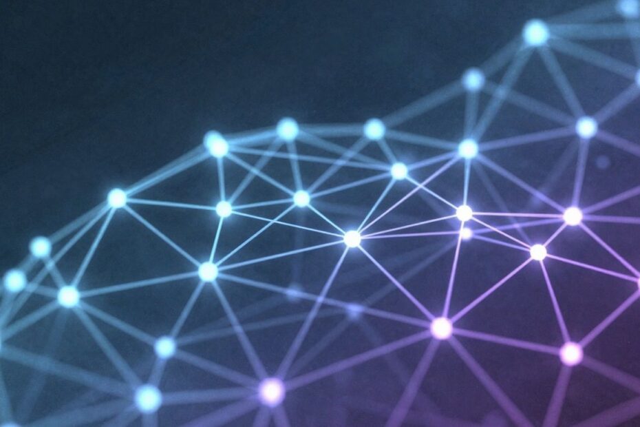 Abstract network of glowing digital nodes and lines.