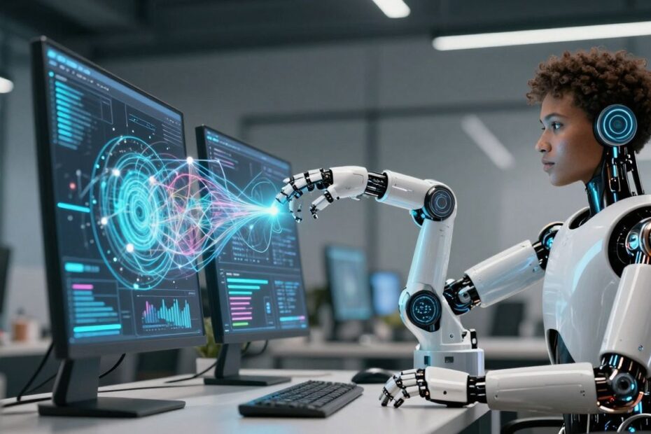 AI robot arm interacting with digital marketing data streams.