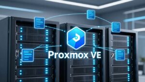 Proxmox VE KVM virtualization server rack with floating VM icons.