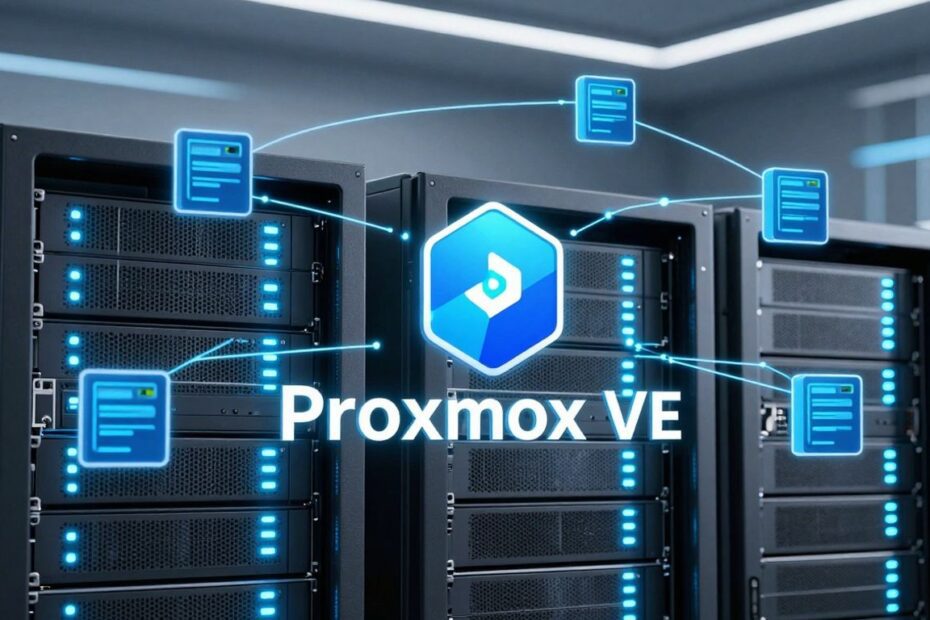Proxmox VE KVM virtualization server rack with floating VM icons.