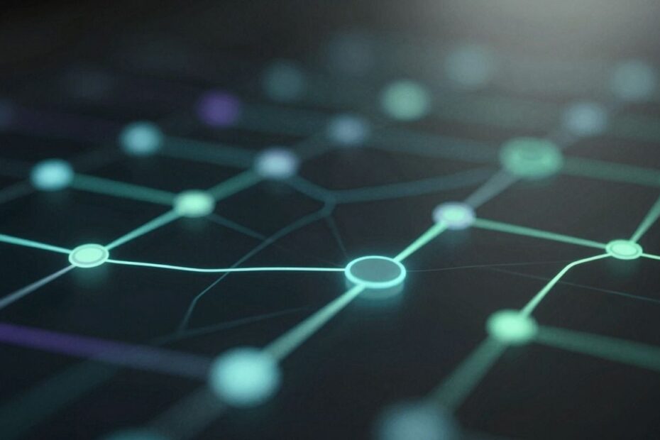 Abstract data flow visualization with glowing nodes and lines.