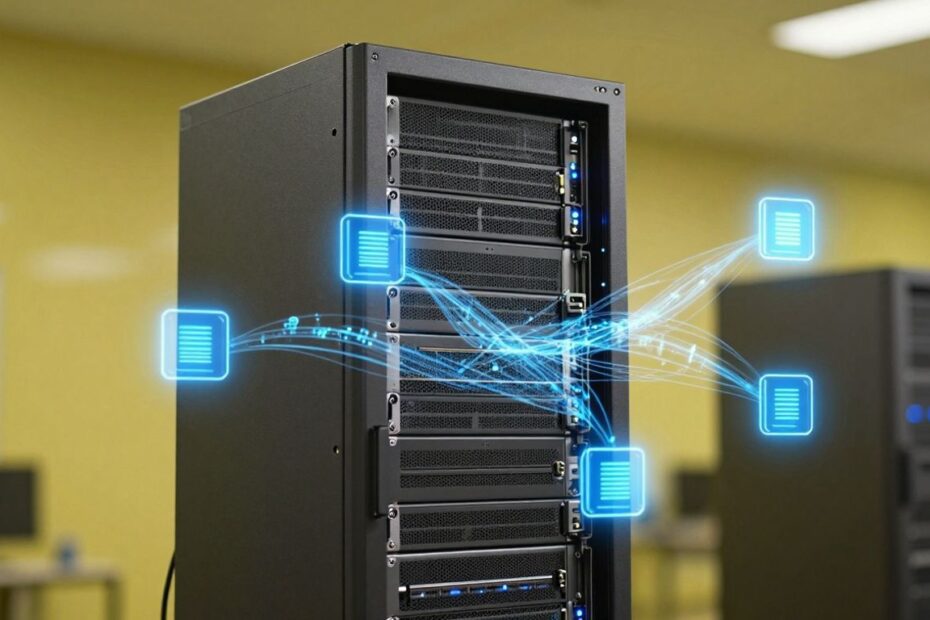 Proxmox VE KVM virtualization server rack with virtual machine icons.