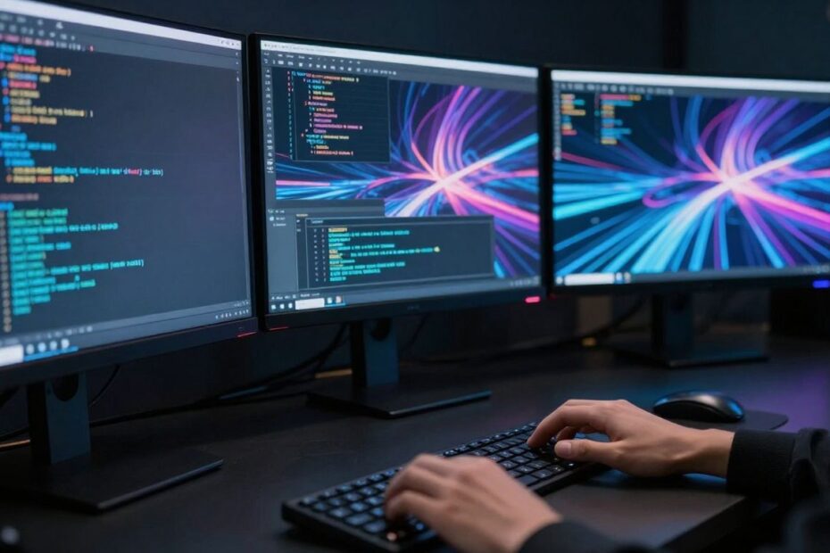 Computer setup with multiple monitors and hand on keyboard.