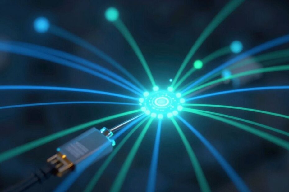 Abstract digital network interface with glowing connections.