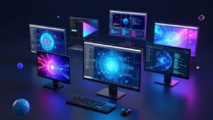 Virtual machine software interfaces on computer screens.