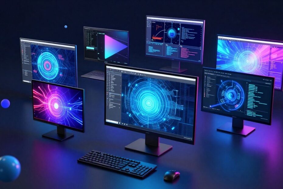 Virtual machine software interfaces on computer screens.
