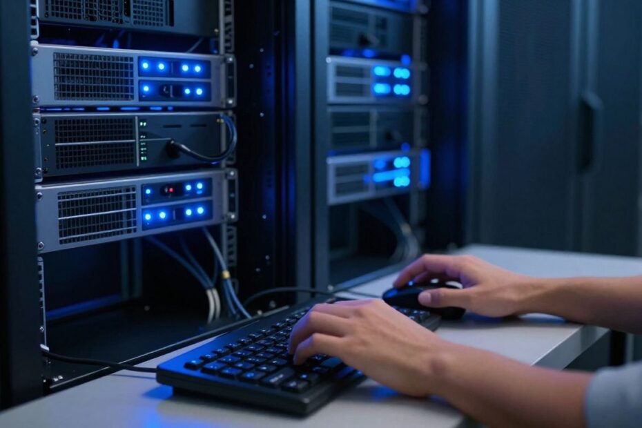Hands-on VMware lab with servers and keyboard.