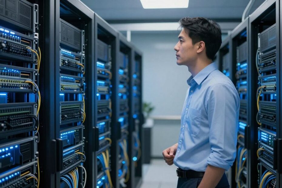 IT architect in server room with glowing computers