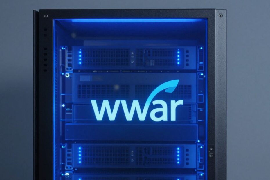VMware ESXi server rack with blue lights