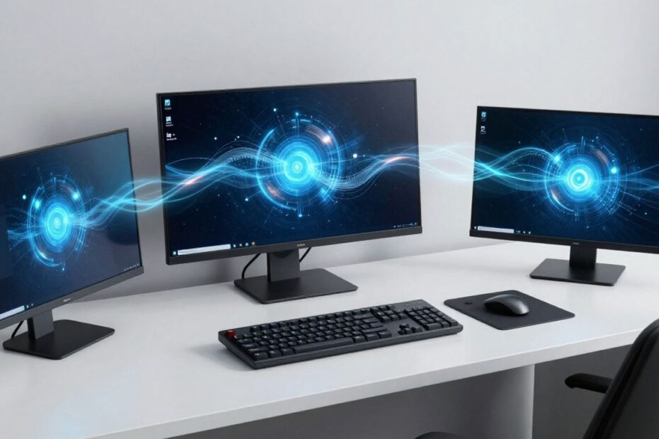 Screens displaying different operating systems, connected by digital energy.