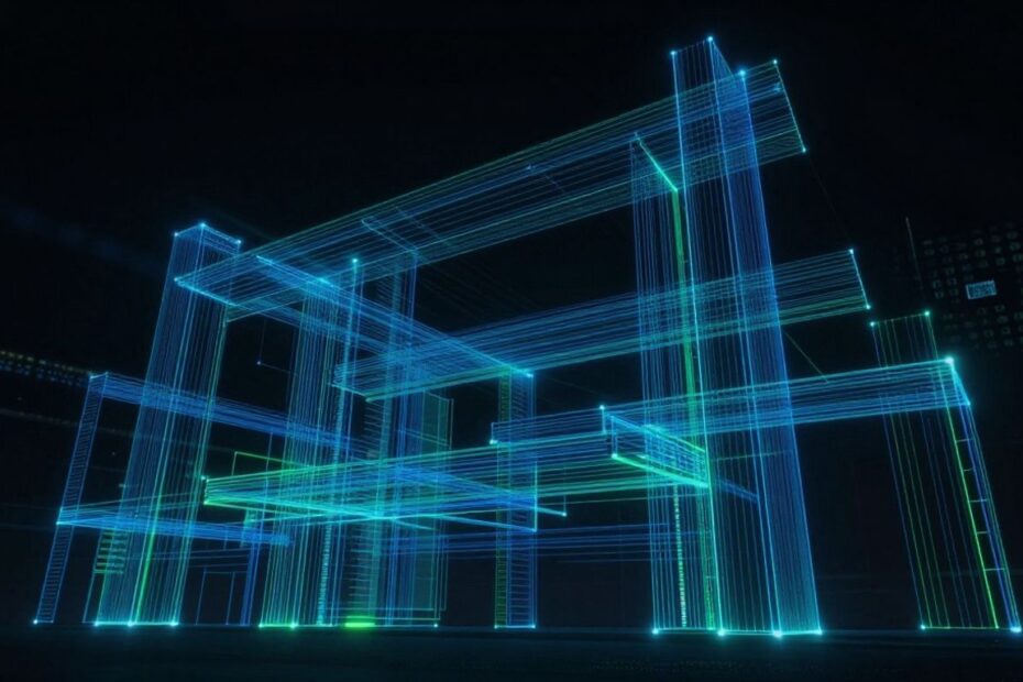 Abstract IT infrastructure architecture with glowing lines.